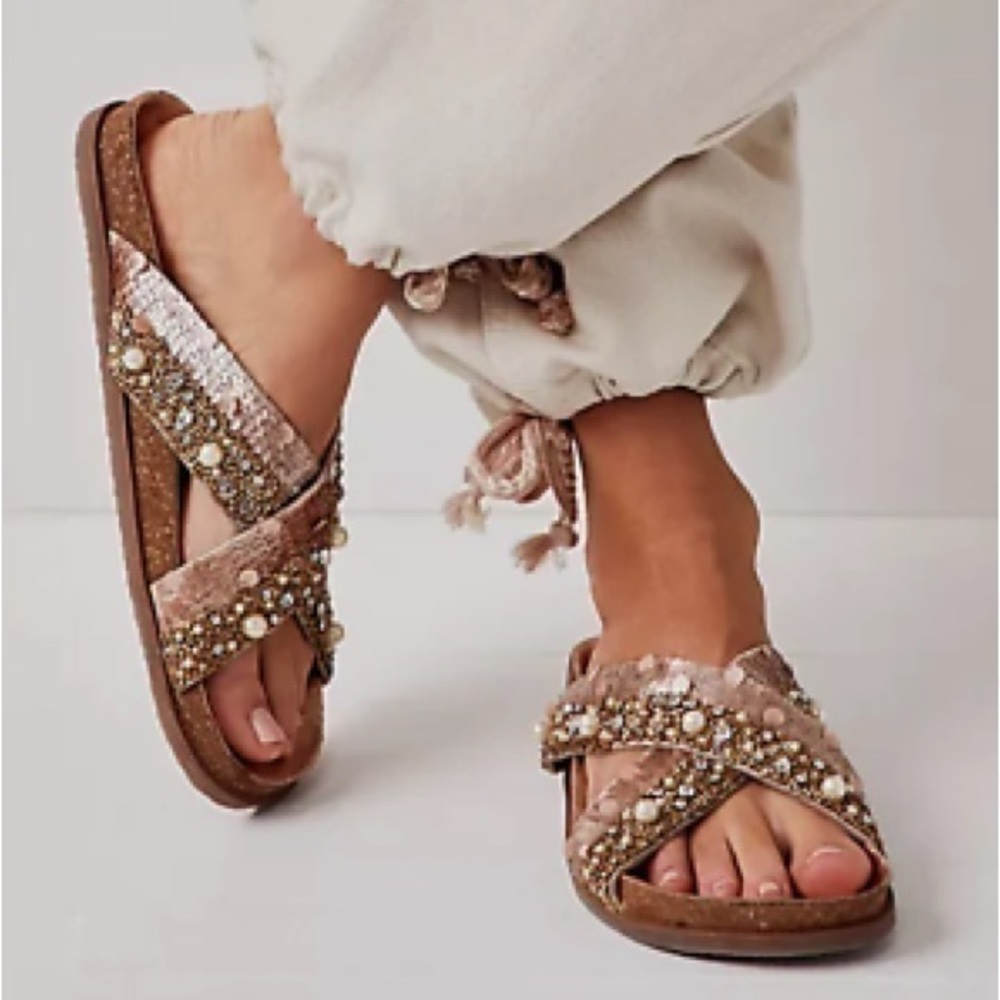 Free People Pink Beaded Crisscross Sandals